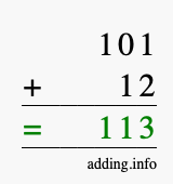 Calculate 101 + 12 using long addition