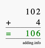 Calculate 102 + 4 using long addition