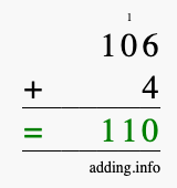 Calculate 106 + 4 using long addition
