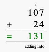 Calculate 107 + 24 using long addition