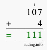 Calculate 107 + 4 using long addition