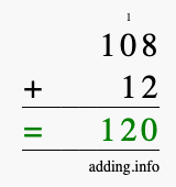 Calculate 108 + 12 using long addition