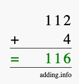 Calculate 112 + 4 using long addition