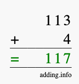 Calculate 113 + 4 using long addition