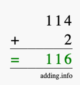 Calculate 114 + 2 using long addition