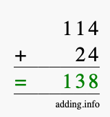 Calculate 114 + 24 using long addition