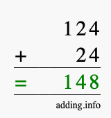 Calculate 124 + 24 using long addition