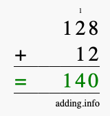 Calculate 128 + 12 using long addition