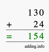 Calculate 130 + 24 using long addition