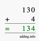 Calculate 130 + 4 using long addition
