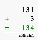 Calculate 131 + 3 using long addition