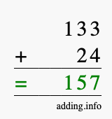 Calculate 133 + 24 using long addition