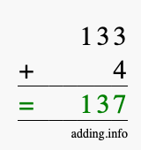 Calculate 133 + 4 using long addition