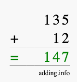 Calculate 135 + 12 using long addition