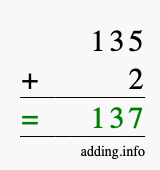 Calculate 135 + 2 using long addition