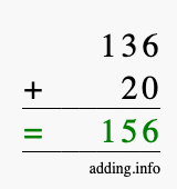 Calculate 136 + 20 using long addition