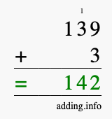 Calculate 139 + 3 using long addition
