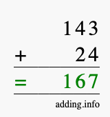 Calculate 143 + 24 using long addition
