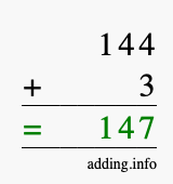 Calculate 144 + 3 using long addition