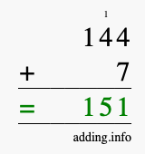 Calculate 144 + 7 using long addition