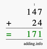 Calculate 147 + 24 using long addition