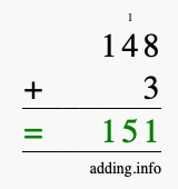 Calculate 148 + 3 using long addition