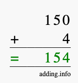 Calculate 150 + 4 using long addition