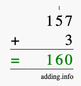Calculate 157 + 3 using long addition