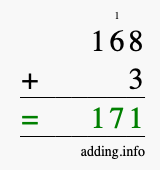 Calculate 168 + 3 using long addition