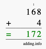 Calculate 168 + 4 using long addition