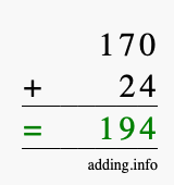 Calculate 170 + 24 using long addition