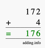 Calculate 172 + 4 using long addition