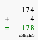 Calculate 174 + 4 using long addition