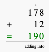 Calculate 178 + 12 using long addition