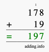 Calculate 178 + 19 using long addition
