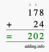 Calculate 178 + 24 using long addition