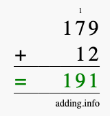Calculate 179 + 12 using long addition