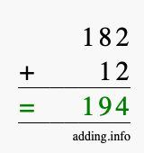 Calculate 182 + 12 using long addition