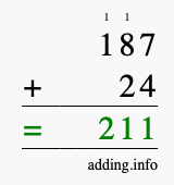 Calculate 187 + 24 using long addition