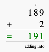Calculate 189 + 2 using long addition