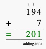 Calculate 194 + 7 using long addition