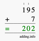 Calculate 195 + 7 using long addition