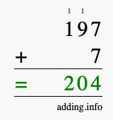 Calculate 197 + 7 using long addition