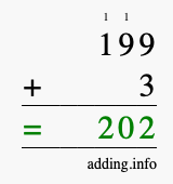Calculate 199 + 3 using long addition