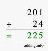 Calculate 201 + 24 using long addition