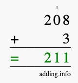 Calculate 208 + 3 using long addition