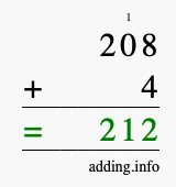 Calculate 208 + 4 using long addition