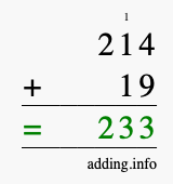 Calculate 214 + 19 using long addition