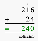 Calculate 216 + 24 using long addition