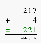 Calculate 217 + 4 using long addition